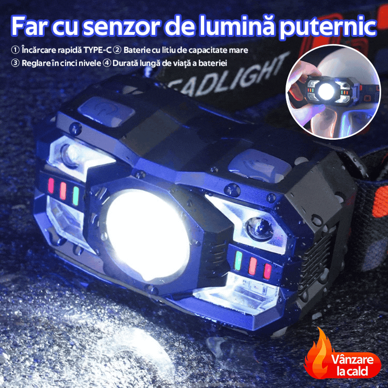 shoptikpro Cutie de culoare + far + cablu de date + curea far Lumină de pescuit de noapte cu senzor inteligent și autonomie extinsă – Ideală pentru exterior în 2025