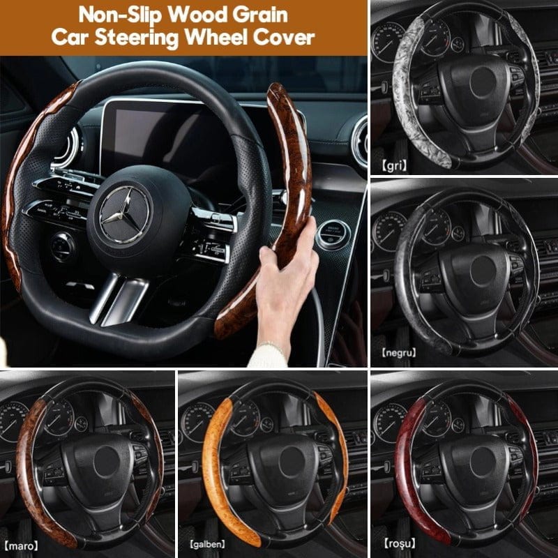shoptikpro 【Set 3 bucăți】 Husă volan 3D cu efect textură lemn de piersic – accesorii interior auto universale